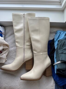 Cream Knee-High Block Heel Women's Boots